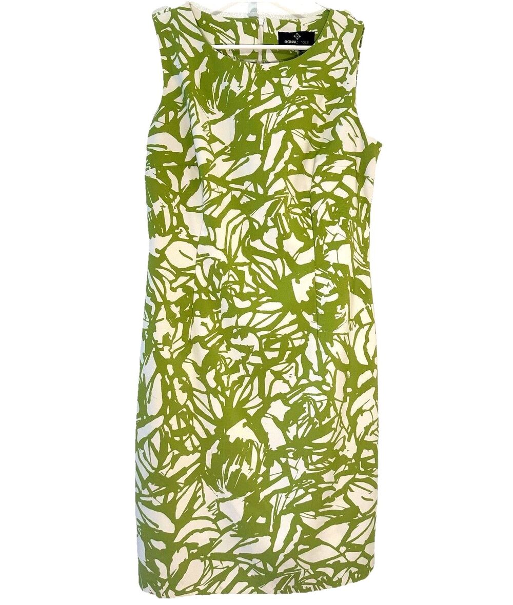 Ronni Nicole Sheath Dress 10 Green White Abstract Print Sleeveless Stretch